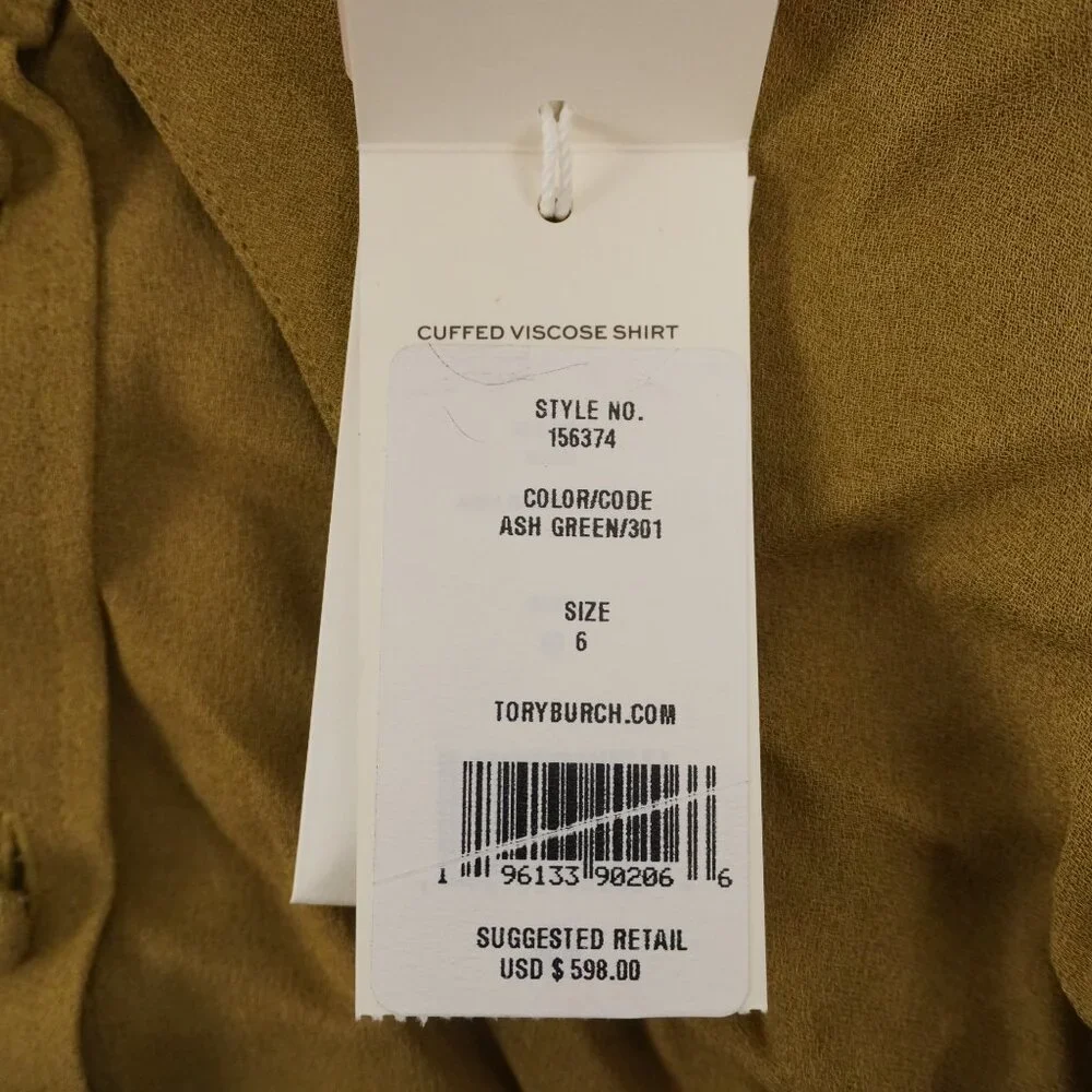Tory Burch Cuffed Button Down Viscose Shirt in Ash Green - Women's Size 6 (NWT)